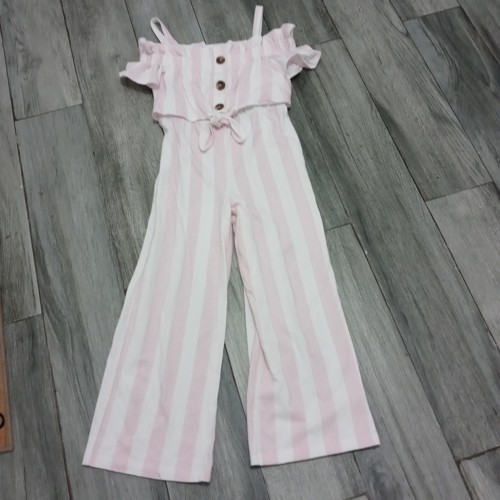 Arizona Jeans Co. Girls Pink White Striped Cold Shoulder Jumpsuit w Ruffles